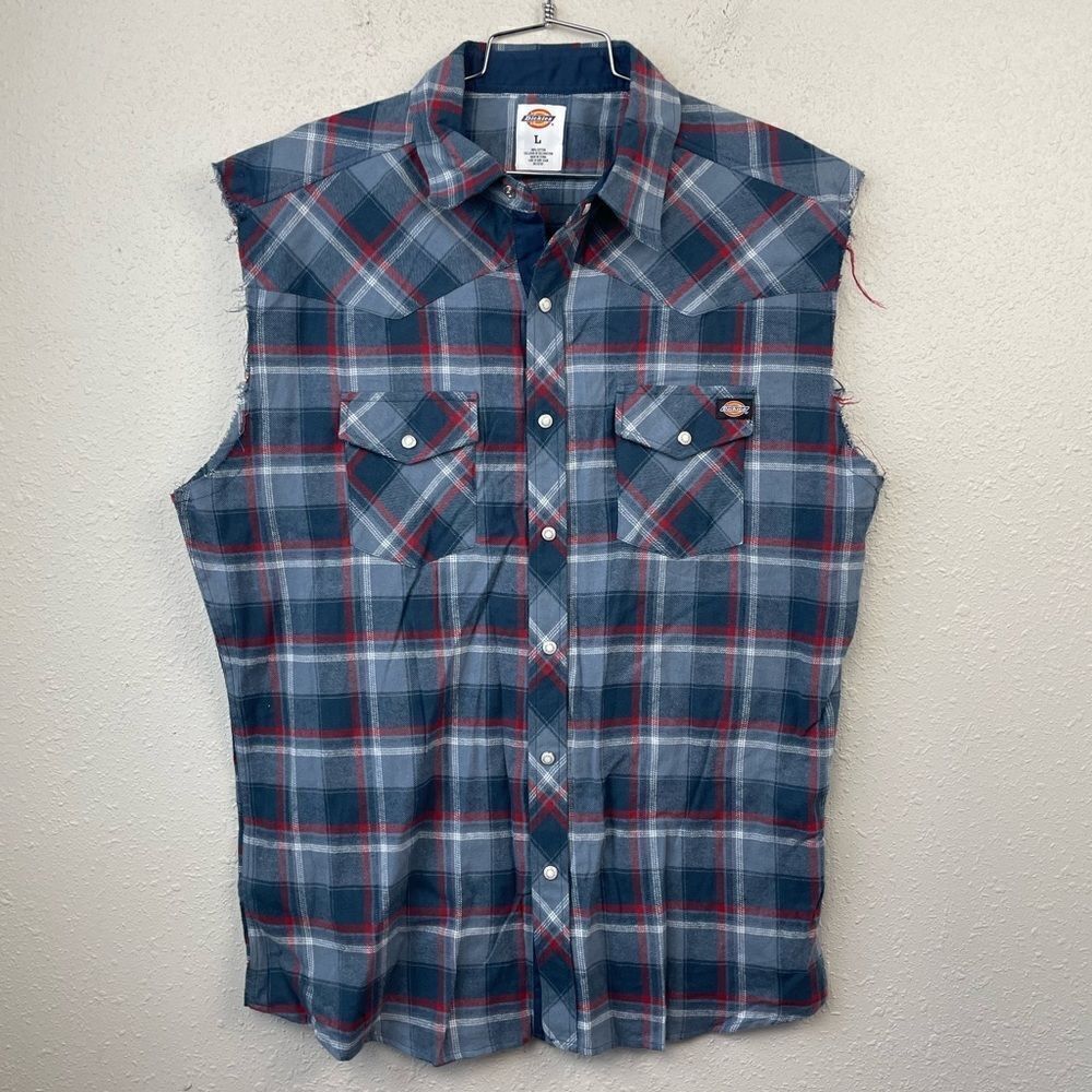 Dickies Raw Edge No Sleeve Button Down Shirt Size L EUC